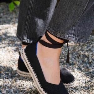 Rothy's Black Espadrille Ballet Flats with Blue Accent and Ankle Tie